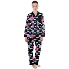 Moon Stars Black Flamingos Satin Long Sleeve Pyjamas Set by CoolDesigns
