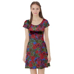 Red Floral Blue Violet White Floral Pattern Silhouettes Butterflies Short Sleeve Skater Dress