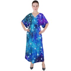 Constellation Dodger Blue Space Astronomy Galaxy V-neck Boho Style Maxi Dress by CoolDesigns