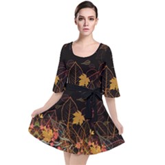 Black Fall Autumn Leaves Shadow Pattern Velour Kimono Dress by CoolDesigns