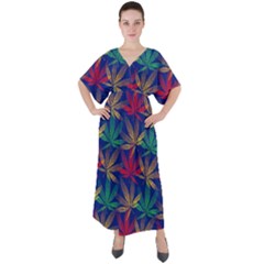 Blue Marijuana Shadow Marijuana Badges With Marijuana Leaves V-neck Boho Style Maxi Dress by CoolDesigns