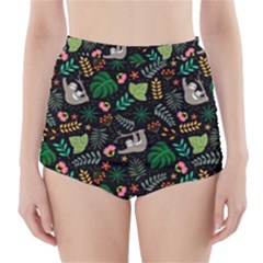 Floral Pattern With Plants Sloth Flowers Black Backdrop High-waisted Bikini Bottoms by Bedest