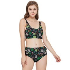 Floral Pattern With Plants Sloth Flowers Black Backdrop Frilly Bikini Set by Bedest