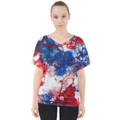 Red White And Blue Alcohol Ink American Patriotic  Flag Colors Alcohol Ink V-neck Dolman Drape Top by PodArtist