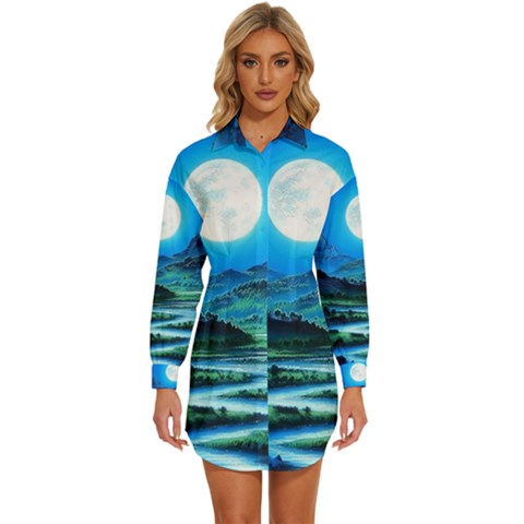 Bright Full Moon Painting Landscapes Scenery Nature Womens Long Sleeve Shirt Dress by Ndabl3x
