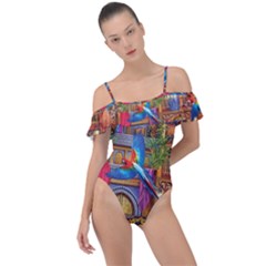 Arabian Street Art Colorful Peacock Tiger Man Parrot Horse Dancer Fantasy Frill Detail One Piece Swimsuit by Cemarart