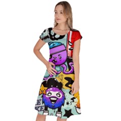 Cartoon Graffiti, Art, Black, Colorful Classic Short Sleeve Dress