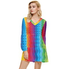 Rainbow Beautiful Seamless Pattern Tiered Long Sleeve Mini Dress