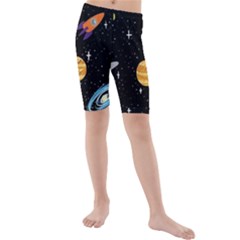 Space Cartoon, Planets, Rockets Kids  Mid Length Swim Shorts by nateshop