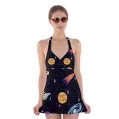 Space Cartoon, Planets, Rockets Halter Dress Swimsuit  by nateshop