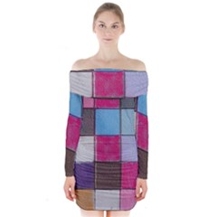 Tile, Colorful, Squares, Texture Long Sleeve Off Shoulder Dress by nateshop
