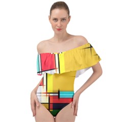 Multicolored Retro Abstraction, Lines Retro Background, Multicolored Mosaic Off Shoulder Velour Bodysuit  by nateshop