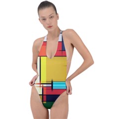 Multicolored Retro Abstraction, Lines Retro Background, Multicolored Mosaic Backless Halter One Piece Swimsuit by nateshop