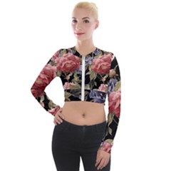 Retro Texture With Flowers, Black Background With Flowers Long Sleeve Cropped Velvet Jacket