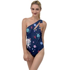 Cute Astronaut Cat With Star Galaxy Elements Seamless Pattern To One Side Swimsuit