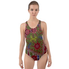 Authentic Aboriginal Art - Connections Cut-out Back One Piece Swimsuit by hogartharts