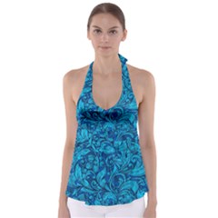 Blue Floral Pattern Texture, Floral Ornaments Texture Tie Back Tankini Top by nateshop