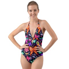 Floral Butterflies Halter Cut-out One Piece Swimsuit by nateshop