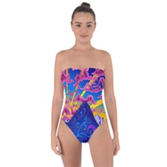 Blue And Purple Mountain Painting Psychedelic Colorful Lines Tie Back One Piece Swimsuit by Bedest