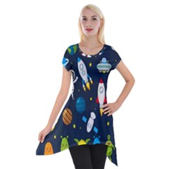 Big Set Cute Astronauts Space Planets Stars Aliens Rockets Ufo Constellations Satellite Moon Rover Short Sleeve Side Drop Tunic by Cemarart