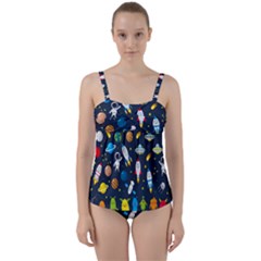 Big Set Cute Astronauts Space Planets Stars Aliens Rockets Ufo Constellations Satellite Moon Rover Twist Front Tankini Set by Cemarart