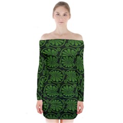 Green Floral Pattern Floral Greek Ornaments Long Sleeve Off Shoulder Dress by nateshop