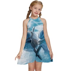 Dolphin Swimming Sea Ocean Kids  Halter Collar Waist Tie Chiffon Dress by Cemarart