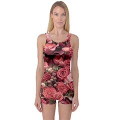 Pink Roses Flowers Love Nature One Piece Boyleg Swimsuit by Grandong