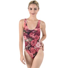 Pink Roses Flowers Love Nature High Leg Strappy Swimsuit by Grandong