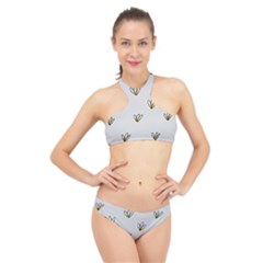 Pattern Leaves Daisies Print High Neck Bikini Set by Cemarart