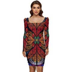 Fractal Floral Flora Ring Colorful Neon Art Women Long Sleeve Ruched Stretch Jersey Dress by Cemarart