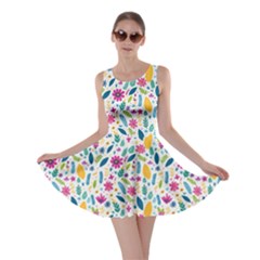 Background Pattern Leaves Pink Flowers Spring Yellow Leaves Skater Dress by Maspions