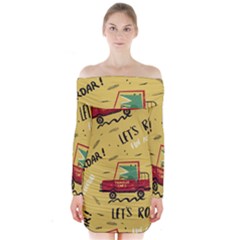 Childish Seamless Pattern With Dino Driver Long Sleeve Off Shoulder Dress by Apen