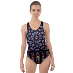 Chartres Cathedral Notre Dame De Paris Stained Glass Cut-out Back One Piece Swimsuit by Maspions