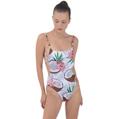 Seamless Pattern Coconut Piece Palm Leaves With Pink Hibiscus Tie Strap One Piece Swimsuit by Apen