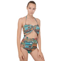 City Painting Town Urban Artwork Scallop Top Cut Out Swimsuit