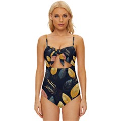 Gold Yellow Leaves Fauna Dark Background Dark Black Background Black Nature Forest Texture Wall Wall Knot Front One-piece Swimsuit by Bedest