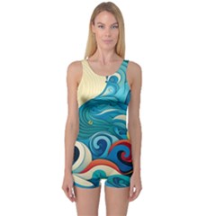 Waves Ocean Sea Abstract Whimsical Abstract Art Pattern Abstract Pattern Water Nature Moon Full Moon One Piece Boyleg Swimsuit by Bedest
