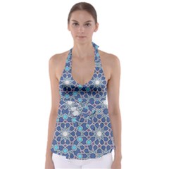 Islamic Ornament Texture, Texture With Stars, Blue Ornament Texture Tie Back Tankini Top by nateshop
