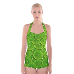 Lime Textures Macro, Tropical Fruits, Citrus Fruits, Green Lemon Texture Boyleg Halter Swimsuit  by nateshop