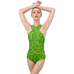 Lime Textures Macro, Tropical Fruits, Citrus Fruits, Green Lemon Texture Cross Front Low Back Swimsuit by nateshop