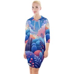Nature Night Bushes Flowers Leaves Clouds Landscape Berries Story Fantasy Wallpaper Background Sampl Quarter Sleeve Hood Bodycon Dress by Maspions