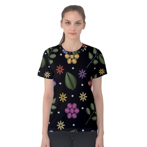 Embroidery Seamless Pattern With Flowers Women s Cotton T-shirt by Apen