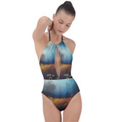 Wildflowers Field Outdoors Clouds Trees Cover Art Storm Mysterious Dream Landscape Plunge Cut Halter Swimsuit