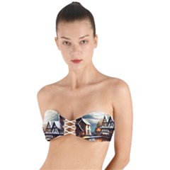 Village Reflections Snow Sky Dramatic Town House Cottages Pond Lake City Twist Bandeau Bikini Top by Posterlux