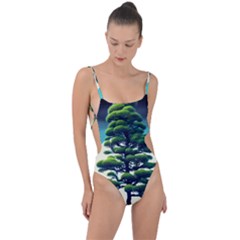 Pine Moon Tree Landscape Nature Scene Stars Setting Night Midnight Full Moon Tie Strap One Piece Swimsuit by Posterlux