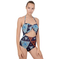 Fractal Triangle Geometric Abstract Pattern Scallop Top Cut Out Swimsuit