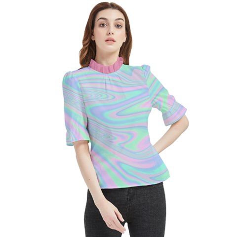 Holographic Abstract In Pastel Frill Neck Blouse by flowerland