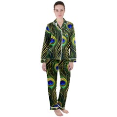 Peacock Pattern Women s Long Sleeve Satin Pajamas Set	