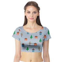 House Trees Pattern Background Short Sleeve Crop Top